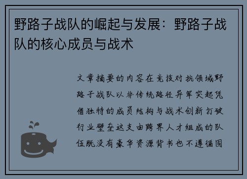 野路子战队的崛起与发展：野路子战队的核心成员与战术