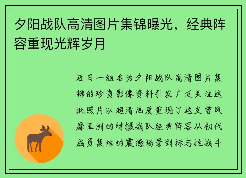夕阳战队高清图片集锦曝光，经典阵容重现光辉岁月