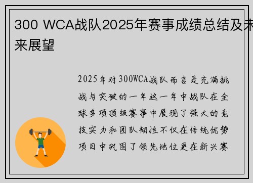 300 WCA战队2025年赛事成绩总结及未来展望